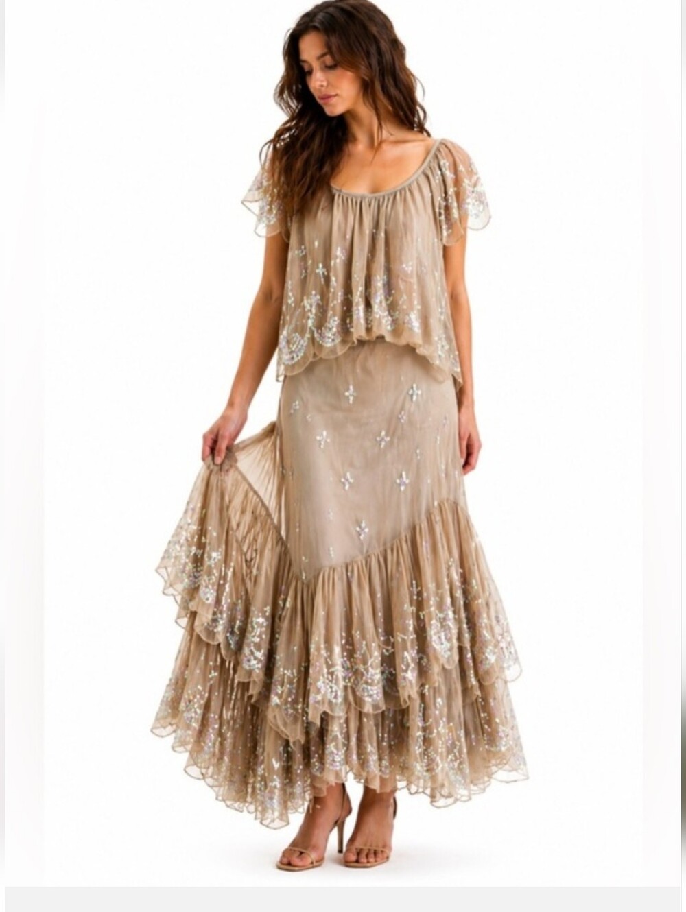 Free People Beige Beaded Tiered Skirt Set